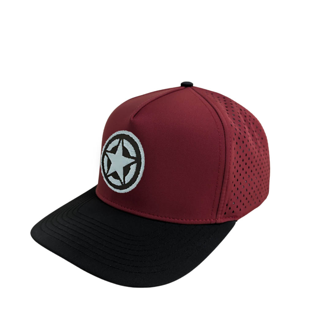 Custom Axios 5-panel water-resistant snapback hat with a black bill and red crown.