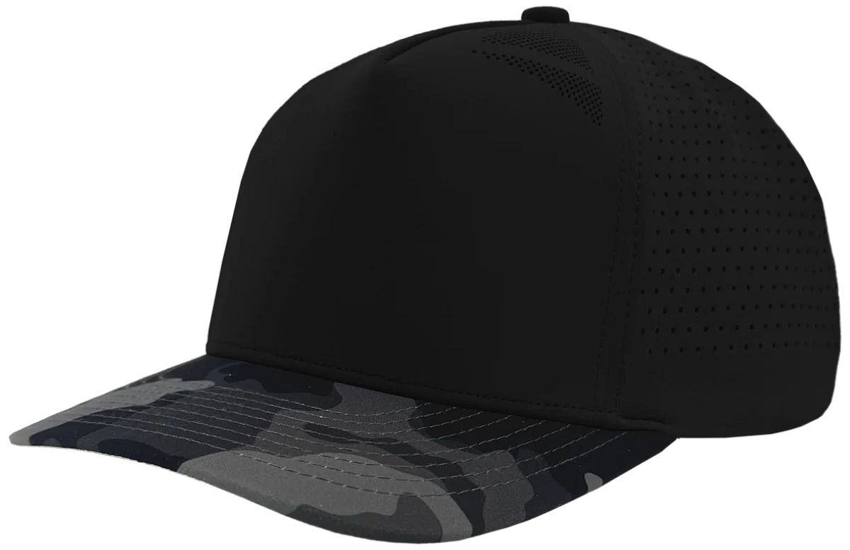 Customized ZAPPED HEADWEAR - 5 Panel Medium Profile Premium Perforated Snapback - BLACKHAWK Elite - BLACK/BLACK CAMO