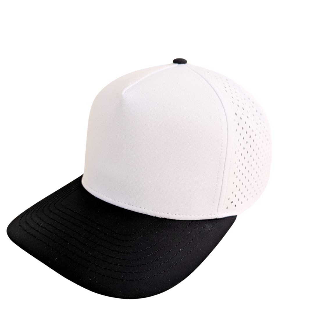 Custom Axios 5-panel water-resistant snapback hat in Oreo black & white.