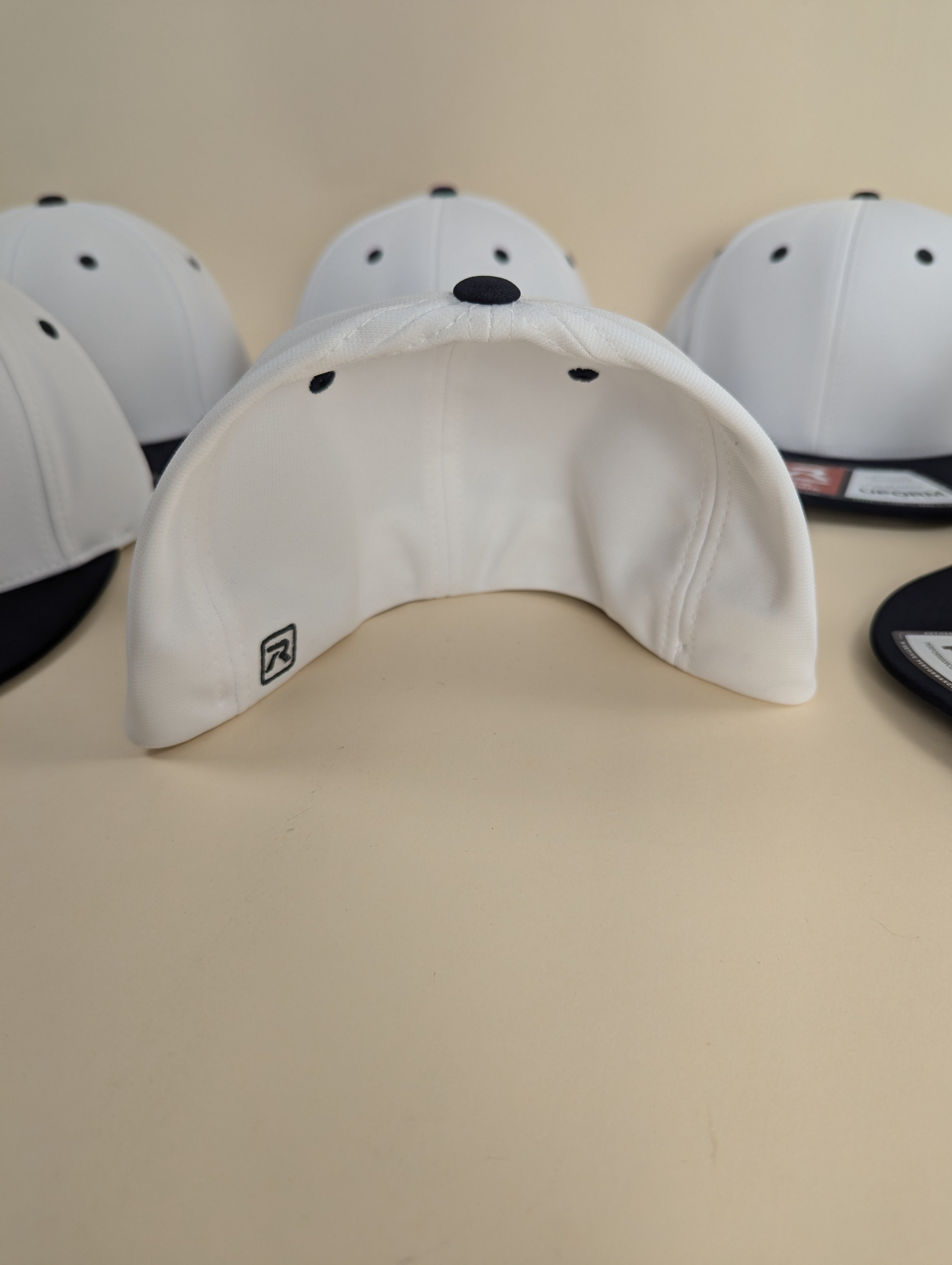 9 x PTS20 Flexfit White / Navy - (4)SM/M & (5)L/XL  - With Custom Logo Embroidery