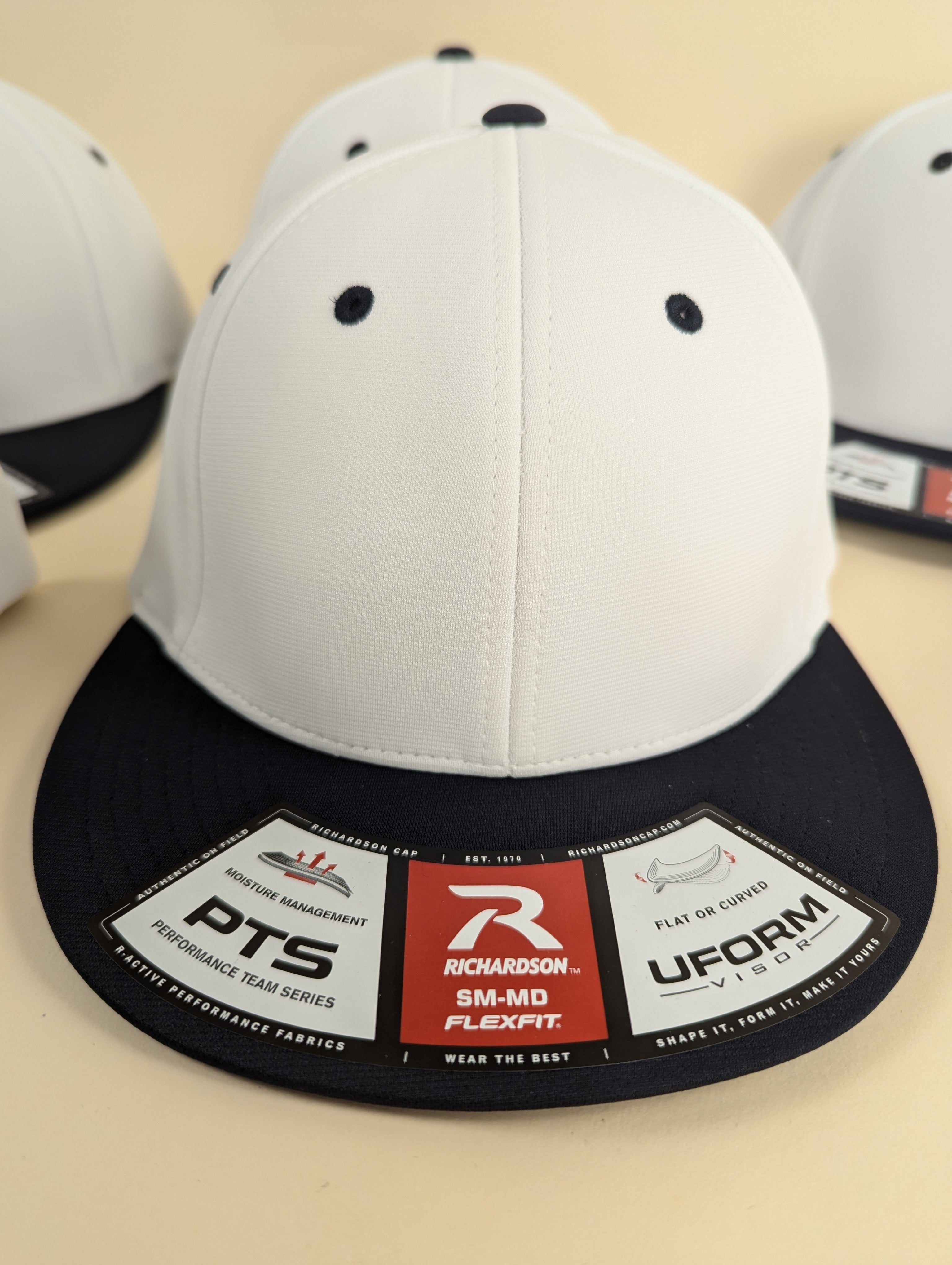 9 x PTS20 Flexfit White / Navy - (4)SM/M & (5)L/XL  - With Custom Logo Embroidery