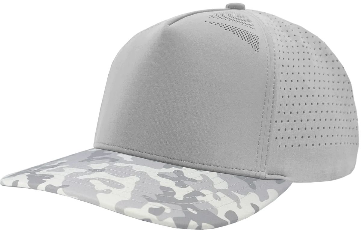 Customized ZAPPED HEADWEAR - 5 Panel Medium Profile Premium Perforated Snapback - BLACKHAWK Elite - SILVER/SNOW CAMO